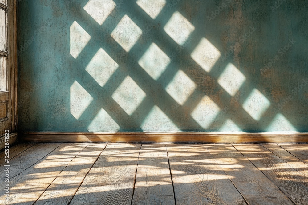 Aufkleber sunlight casts a diamond-patterned shadow from a window onto a rustic wooden floor and teal wall.