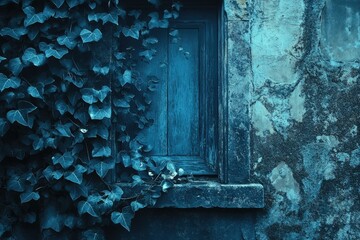 Ivy-covered teal window on a weathered stone wall, evoking a sense of mystery and age.