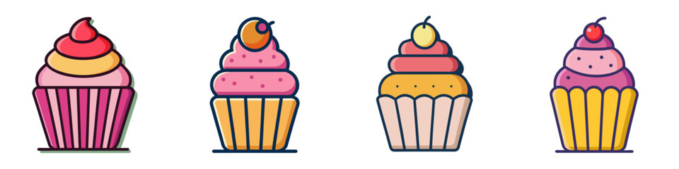 Colorful Cupcake Illustrations with Toppings - A set of delightful cupcake illustrations with colorful frosting, fruit toppings, and vibrant designs, perfect for dessert lovers.

