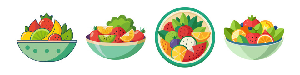 Illustration of Four Fruit Salads in Different Bowls - Cartoon-style illustration of four bowls filled with fresh fruit salad, showcasing various fruits like strawberries, oranges, and greens.

