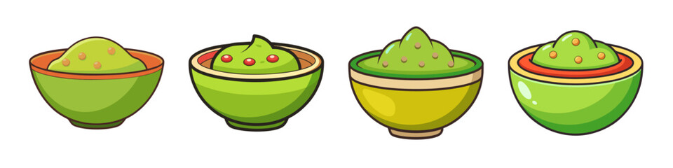 Illustration of Four Bowls of Guacamole - Cartoon-style illustration of four bowls filled with guacamole, each with varying levels of texture and toppings like tomatoes.

