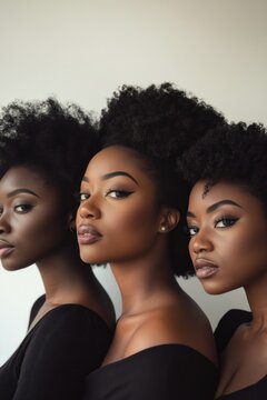 Three women showcasing their natural hairstyles with different protective styles such as crown braids, twists and braids, and loc extensions.