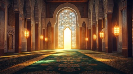 Grand interior of a majestic hall with intricate architecture and warm lighting at sunset