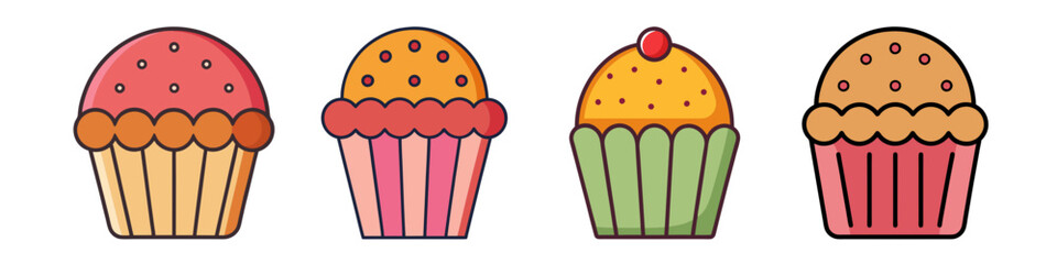 Illustration of Four Colorful Muffins - Cartoon-style illustration of four colorful muffins with different frosting designs and toppings, perfect for dessert or bakery themes.

