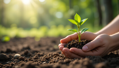 Hands Holding a Young Plant in Healthy Soil