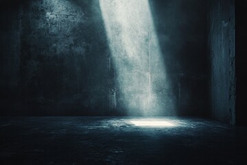 Empty dark room, light beam, concrete walls, dramatic scene