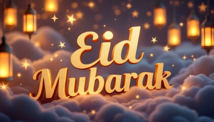 3D Eid Typography with Lanterns Design