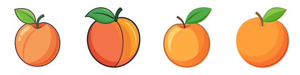Illustration of Four Peaches in Different Styles - Cartoon-style illustration of four peaches, each with varying shapes and shades of orange, showcasing vibrant fruit.

