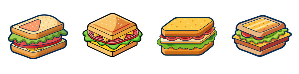 Illustration of Four Sandwiches in Different Styles - Cartoon-style illustration of four sandwiches, each with different fillings and ingredients, perfect for food-related themes.

