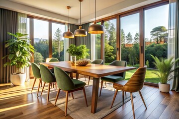 Obraz premium Modern Dining Room Interior: Natural Wood Table & Stylish Chairs Stock Photo