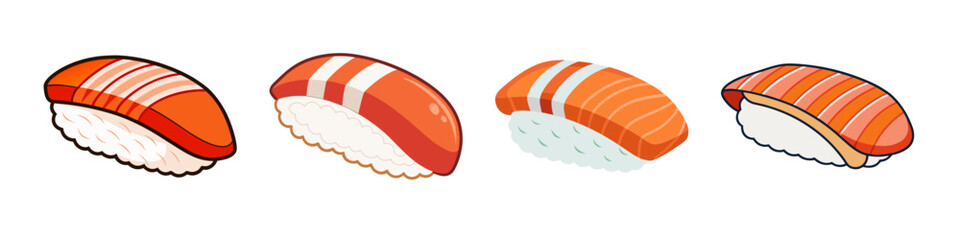 Cartoon Salmon Sushi Nigiri Pieces - Set of cartoon salmon nigiri sushi pieces, featuring fresh fish on vinegared rice, perfect for Japanese food and sushi themes.

