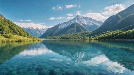 breathtaking view of a serene lake surrounded by majestic snow-capped mountains and lush green forests, reflecting the perfect blue sky, ideal for nature, landscape, and adventure imagery