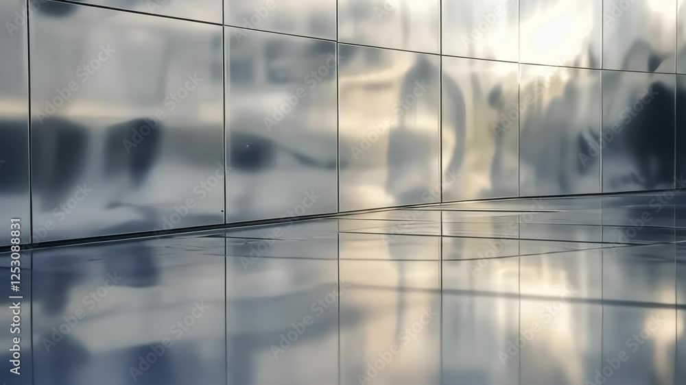 Poster reflective surfaces create intriguing patterns and depth in an urban setting at twilight. generative