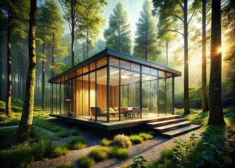 Modern Glass Pavilion nestled in lush green forest, tranquil architectural design amidst nature