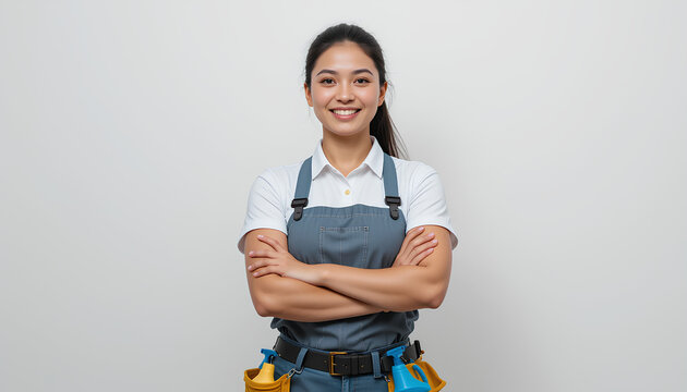 Confident Female Cleaner in Uniform With Cleaning Tools for Housekeeping Services - Powered by Adobe