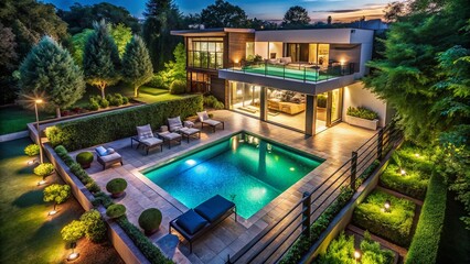 Modern House Night Swimming Pool Patio Lush Greenery Landscape Photography