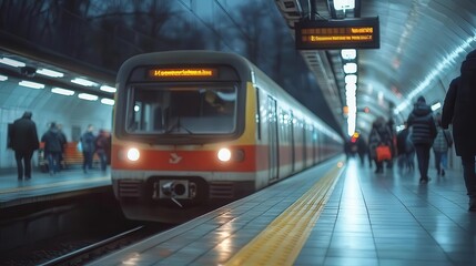 Train station platform, close-up of train arriving at the station, passengers waiting