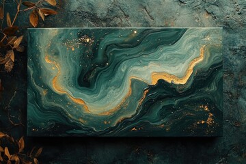 Abstract art featuring swirling teal and emerald green hues with gold accents, resembling a...