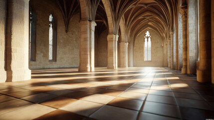 Obraz premium spacious medieval ballroom with tall arches, stone walls, and large windows casting shadows on tiled floor, creating serene atmosphere