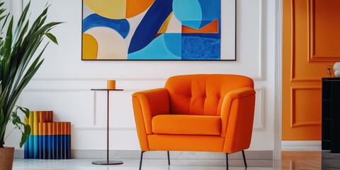 This is a modern and vibrant living room with an orange sofa, a contemporary design, and abstract art on the wall. The minimalist decor creates a comfortable and stylish space for relaxation.