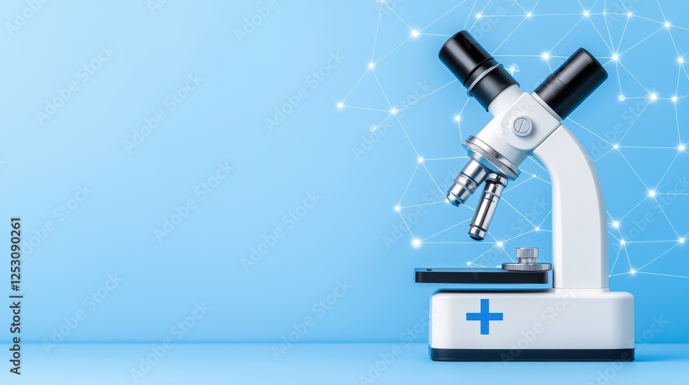 Poster modern microscope on blue background with abstract technology elements