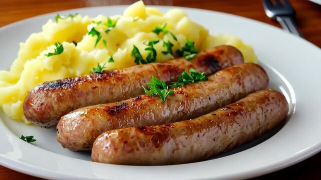 Grilled Sausages, creamy mashed potatoes and fresh parsley. Savory fried sausages and garnish, lunch or dinner. Bratwurst Barbecue. Meat product. Catering. Traditional British dishes, bangers and mash
