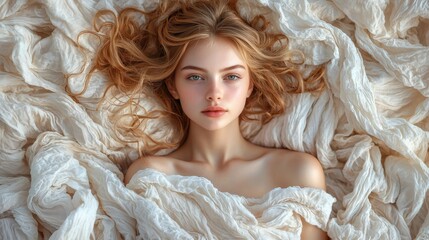 Enchanting Portrait of a Young Woman Surrounded by Soft Fabrics
