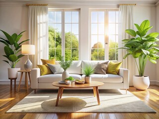 Modern Living Room Interior: White Sofa, Coffee Table, Plant, Cozy Home Decor