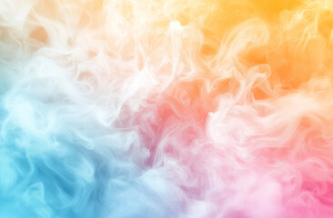 Colorful pastel background in soft pink, blue, and yellow hues, featuring ethereal smoke swirls and glowing light effects, creating a dreamy and soothing atmosphere with a light, airy fee