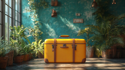 The yellow suitcase in the room with plants