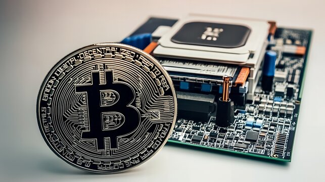 Futuristic Bitcoin (BTC) logo embedded in high-tech computer hardware, representing the evolution of crypto and decentralized finance (DeFi) within the framework of an outdated mechanical economy