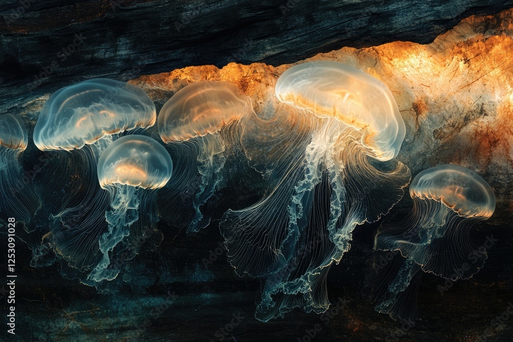 Poster mesmerizing jellyfish illuminate a dark underwater cave, their ethereal forms glowing with an otherw