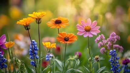 Wildflowers blooming, close-up of colorful flowers in full bloom, vibrant meadow in the background