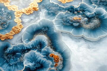 Abstract art depicting blue and gold swirling patterns resembling ocean coral or a microscopic view.