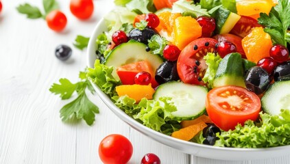Fresh vegetable and fruit salad with tomatoes, cucumbers, olives, and greens in a white bowl