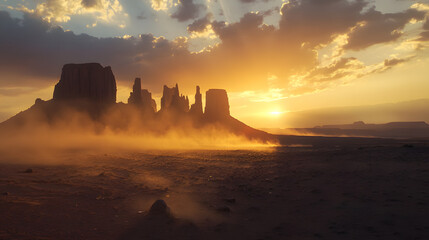 Obraz premium A photo of the sun setting behind rock formations in Monument Valley 
