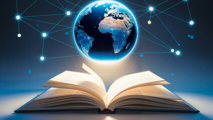 Futuristic Global Education: A Glowing Hologram Earth Emerging from an Open Book, Symbolizing the Power of Knowledge and Exploration