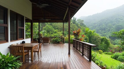 Wooden Porch With View Of Rainforest During Rain