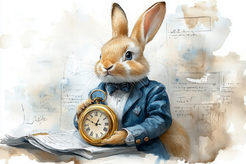 drawing of a rabbit with a clock