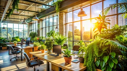 Fototapeta premium Modern Office Workspace: Sunlight, Greenery, & Warm Lighting - Stock Photo