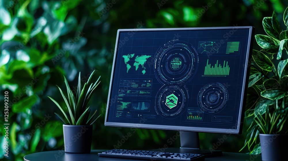 Poster futuristic computer screen displaying data analytics in greenery setting