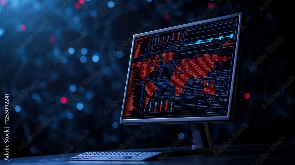Poster high-tech computer screen displaying global data and graphs