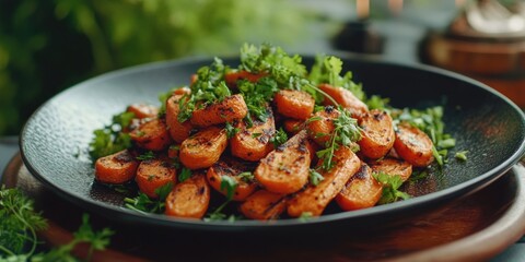 Fototapeta premium Vivid carrot salad with grilled edges and fresh herbs, garnished on a dark plate for a healthy dining experience.
