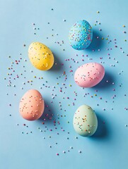 Bright and festive colorful Easter eggs with candy coating, each topped with glittery sprinkles.