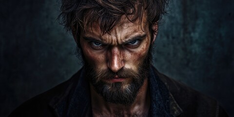Obraz premium Bearded man with intense gaze and dirty attire evokes a sense of rebellion against societal norms.