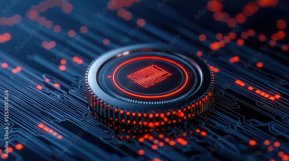 Poster futuristic circuit board with red neon elements and digital patterns