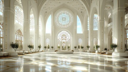 Majestic interior of a grand hall with intricate designs, bright light, and lush greenery