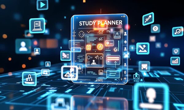 Digital study planner interface; futuristic background