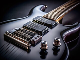 Monochrome Macro: Close-Up of Black Electric Guitar Strings, Pickups & Knobs