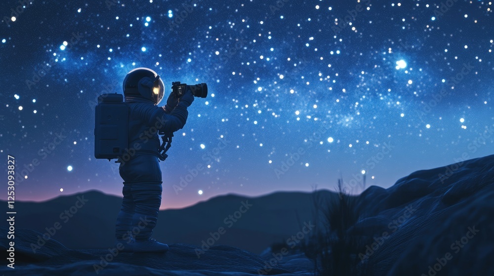 Poster a 3d-rendered astronaut capturing a celestial view, holding a camera while stars twinkle.
